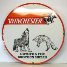 Vintage 30" Winchester Porcelain Sign - Coyote and Fox Shotgun Shells 1944...