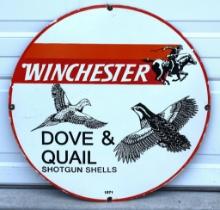 Vintage Winchester Porcelain 30" Round Advertising Sign - Dove & Quail Shotgun Shells 1971...