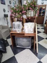 Office Clean Out Lot; Tvs, Artificial Flowers, Desk, Mirror and Hanging decor