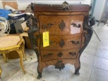 Early Ornate Burl Wood Bombay Chest of Drawers with Figural Accents, French Louis XV Style