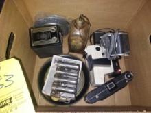 Assortment of Vintage Cameras, Change Machine, & Small Glass Lantern