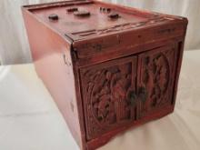 Antique Chinese red lacquer wooden box with doors & sliding top
