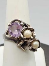 Asymmetrical vintage sterling silver ring: amethyst & pearl