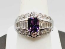 Dazzling purple & clear crystal & sterling silver ring, size 10