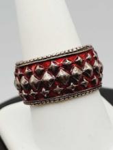 Awesome red enamel & studded sterling silver ring, size 9