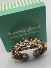 Vintage rhinestone & foiled glass hinged bracelet by Tammey Jewels