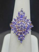 Gorgeous tanzanite & sterling silver cluster ring, size 6