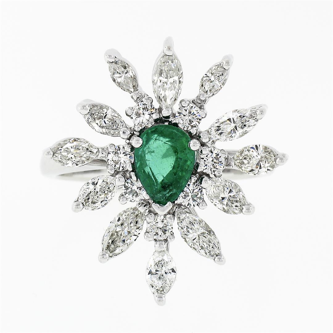 Vintage 18k White Gold 2.24 ctw Pear Emerald Marquise Diamond Spray Cocktail Rin