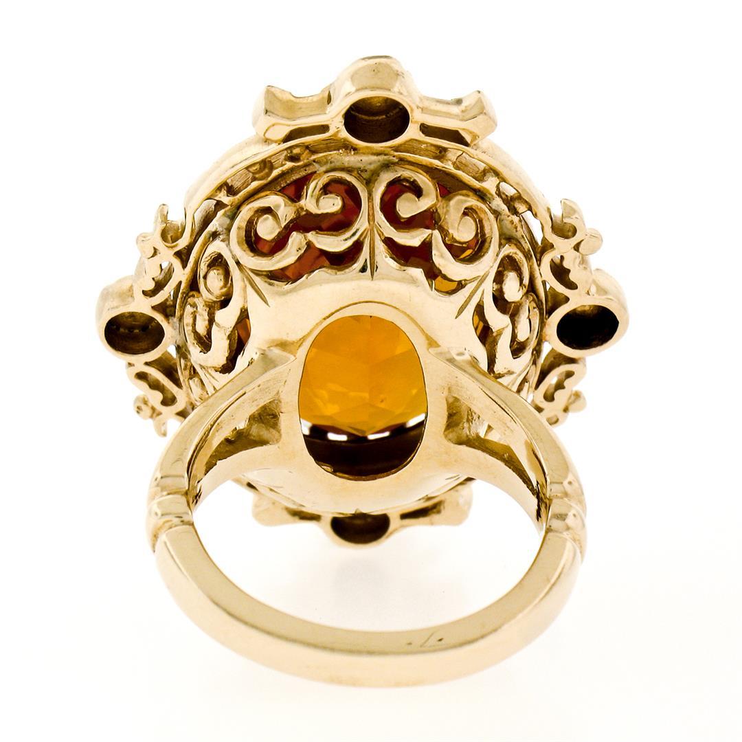 Vintage 14K Yellow Gold 12.0 ctw Large Oval Citrine Solitaire Ring w/ Floral Hal