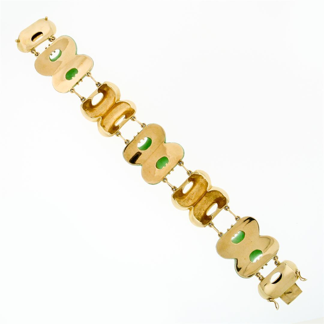 Vintage Large Wide Heavy Alternating Pierced Jade & Solid 14k Gold Bracelet